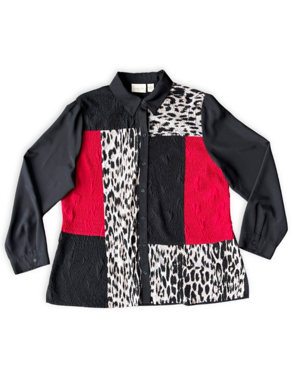Chicos Animal Print Patchwork Textured Button Down Blouse Top Red Black Size 2